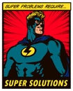 Pop-art comics style superhero solving problems with superpowers vector illustration