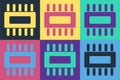 Pop art Computer processor with microcircuits CPU icon isolated on color background. Chip or cpu with circuit board Royalty Free Stock Photo