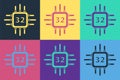 Pop art Computer processor with microcircuits CPU icon isolated on color background. Chip or cpu with circuit board Royalty Free Stock Photo