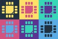 Pop art Computer processor with microcircuits CPU icon isolated on color background. Chip or cpu with circuit board Royalty Free Stock Photo