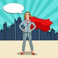 Pop Art Confident Business Woman Super Hero in Suit with Red Cape Royalty Free Stock Photo