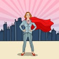 Pop Art Confident Business Woman Super Hero in Suit with Red Cape Royalty Free Stock Photo