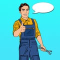 Pop Art Confident Smiling Mechanic with Wrench Thumbs Up