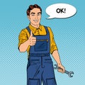 Pop Art Confident Smiling Mechanic with Wrench Thumbs Up