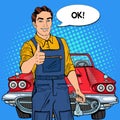 Pop Art Confident Smiling Mechanic with Wrench Thumbs Up
