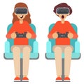 Man and woman use virtual reality glasses with controllers. Vector illustration Royalty Free Stock Photo