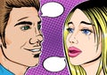 Pop art couple with speech bubbles, retro comic style vector. Man and Woman unrequited love or betrayal or crush concept