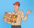 Pop Art Courier with Damaged Parcel. Delivery Man
