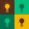 Pop art Creative lamp light idea icon isolated on color background. Concept ideas inspiration, invention, effective Royalty Free Stock Photo