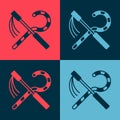 Pop art Crook and flail icon isolated on color background. Ancient Egypt symbol. Scepters of egypt. Vector