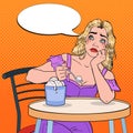 Pop Art Crying Alone Woman Eating Ice Cream. Despair Single Girl Bored in Cafe