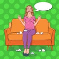 Pop Art Crying Pregnant Woman Sitting on Sofa at Home. Pregnancy Hormones Depressed Young Mother