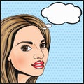 Pop Art cute girl thinking and smiling with thought cloud for your message. Modern woman wondering. Comics style dotted vector