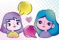 pop art cute girls characters speech bubbles and heart halftone style