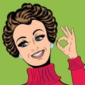 Pop art cute retro woman in comics style making OK sign