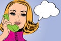 Pop art cute retro woman in comics style talking on the phone Royalty Free Stock Photo
