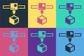 Pop art 3D printer cube icon isolated on color background. 3d printing. Vector