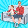 Pop Art Dad and Son Playing Video Game on a Game Console. Computer Gaming Royalty Free Stock Photo