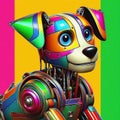 A pop art depiction of a colorful and whimsical robot dog, phot