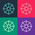 Pop art Dharma wheel icon isolated on color background. Buddhism religion sign. Dharmachakra symbol. Vector