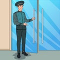 Pop Art Doorman Standing at Hotel Entrance. Doorkeeper in Uniform. Luxury Hotel Service