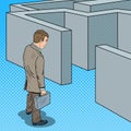 Pop Art Doubtful Businessman with Briefcase Standing in Front of Labyrinth Royalty Free Stock Photo