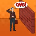 Pop Art Doubtful Businessman Standing in Front of a Brick Wall