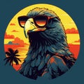 Pop Art Eagle With Sunglasses At Sunset And Palm Trees