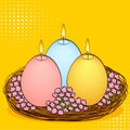 Pop art Easter candles in the shape of an egg. Three pieces of different colors with fire, in a basket nest and flowers