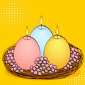 Pop art Easter candles in the shape of an egg. Three pieces of different colors with fire, in a basket nest and flowers