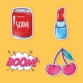 Pop art element sticker icon set, soda, cherry, lipstick and boom Royalty Free Stock Photo