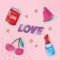 Pop art element sticker icon set, soda, watermelon, cherry, lipstick Royalty Free Stock Photo