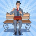 Pop Art Englishman Drinking Tea on the Bench in the Park. Coffee Break Royalty Free Stock Photo