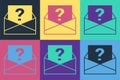 Pop art Envelope with question mark icon isolated on color background. Letter with question mark symbol. Send in request Royalty Free Stock Photo