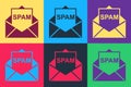 Pop art Envelope with spam icon isolated on color background. Concept of virus, piracy, hacking and security. Vector Royalty Free Stock Photo