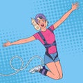 Pop Art Excited Beautiful Woman Jumping Bungee. Extreme Sports. Happy Girl Ropejumping Royalty Free Stock Photo