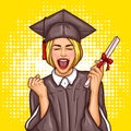 Pop art excited girl graduate student in a graduation cap and mantle with a university diploma in her hand