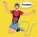 Pop Art Excited Man Jumping Bungee. Extreme Sports. Happy Guy Ropejumping