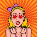 Pop art excited woman face with open mouth and heart eyes. Blonde woman in love illustration in retro comic style eps10 Royalty Free Stock Photo