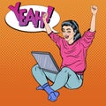 Pop Art Excited Young Woman with Laptop and Hands Up