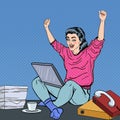 Pop Art Excited Young Woman with Laptop Sitting on the Office Desk with Papers