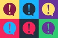 Pop art Exclamation mark in circle icon isolated on color background. Hazard warning symbol. FAQ sign. Copy files, chat Royalty Free Stock Photo