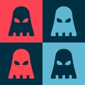 Pop art Executioner mask icon isolated on color background. Hangman, torturer, executor, tormentor, butcher, headsman Royalty Free Stock Photo