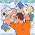 Pop Art Exhausted Male Student Sleeping on the Desk with Textbooks. Tired Man Preparing for Exam Royalty Free Stock Photo