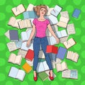 Pop Art Exhausted Student Lying on the Floor among Books. Overworked Young Woman Preparing for Exams. Education Concept