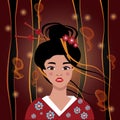 Pop art face of an oriental lady. A young beautiful Japanese woman in a kimono, with red lips, with a high hairdo Royalty Free Stock Photo