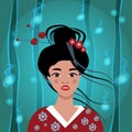 Pop art face of an oriental lady. A young beautiful Japanese woman in a kimono, with red lips, with a high hairdo Royalty Free Stock Photo