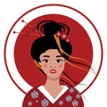 Pop art face of an oriental lady. A young beautiful Japanese woman in a kimono, with red lips, with a high hairdo Royalty Free Stock Photo