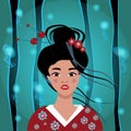 Pop art face of an oriental lady. A young beautiful Japanese woman in a kimono, with red lips, with a high hairdo Royalty Free Stock Photo