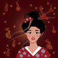 Pop art face of an oriental lady. A young beautiful Japanese woman in a kimono, with red lips, with a high hairdo Royalty Free Stock Photo